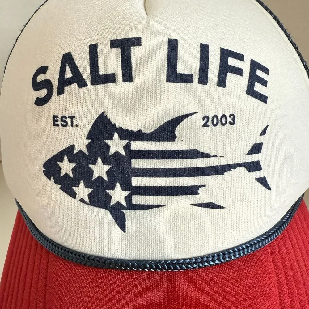 Salt Life Trucker Hat Cap Red White Blue Fish Flag Snapback One Size Fits Most